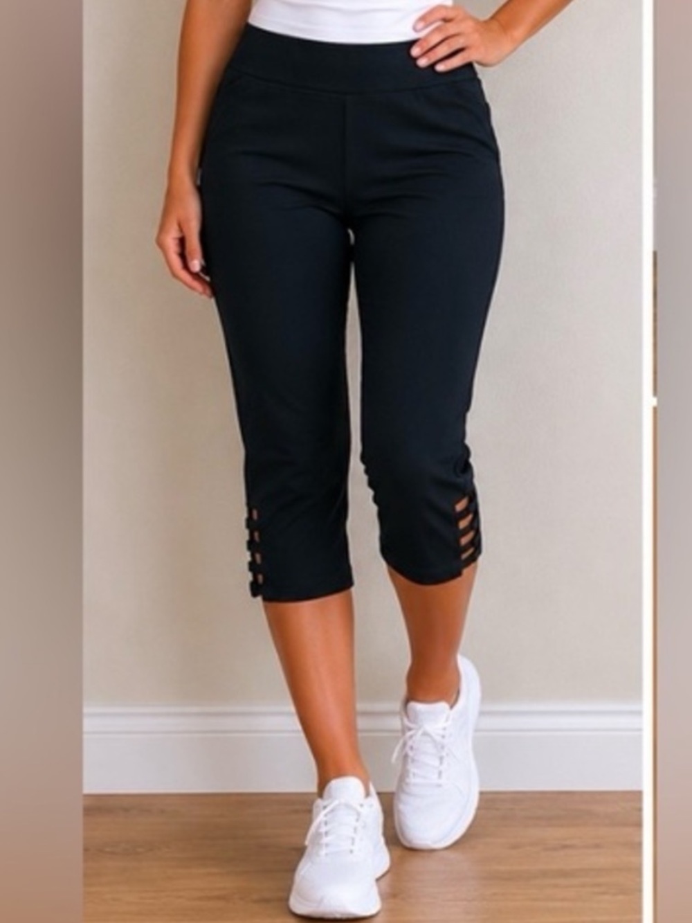 Frank Lyman Design Black Capri Leggings with Ladder Side Cutouts